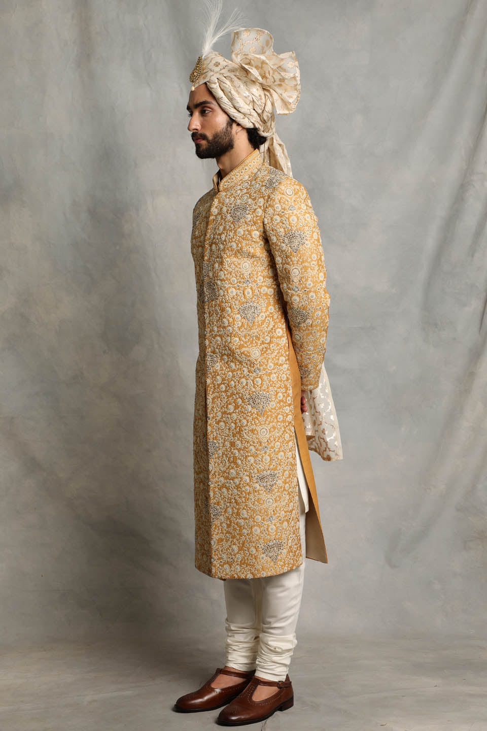 MUSTARD EMBROIDERED SILK SHERWANI SET 5