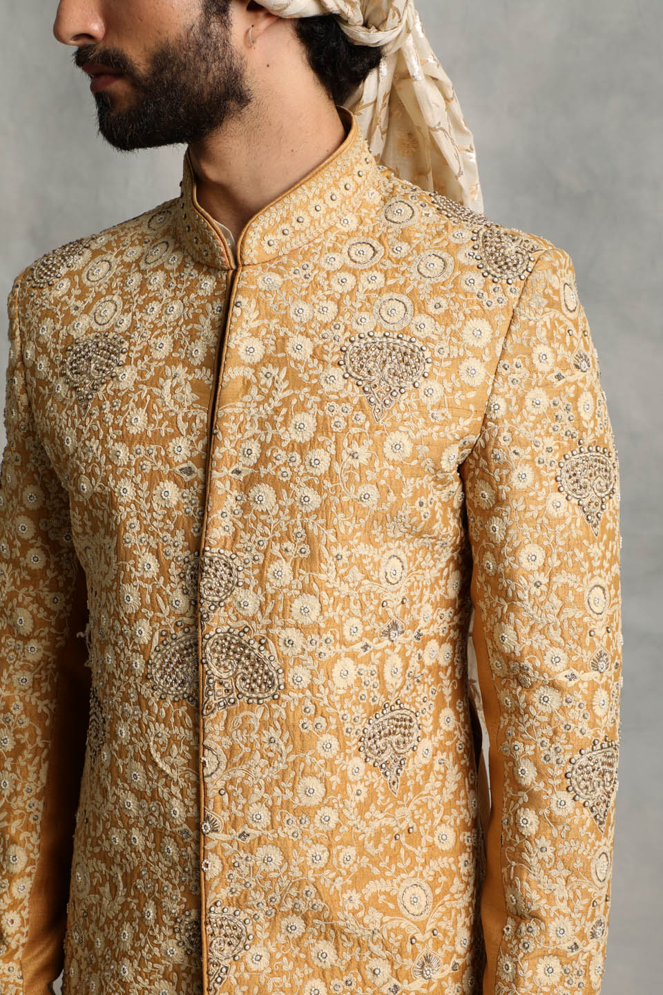 MUSTARD EMBROIDERED SILK SHERWANI SET 3