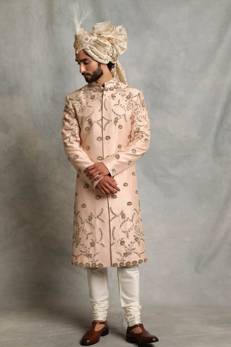 PEACH EMBROIDERED SILK SHERWANI  SET 1