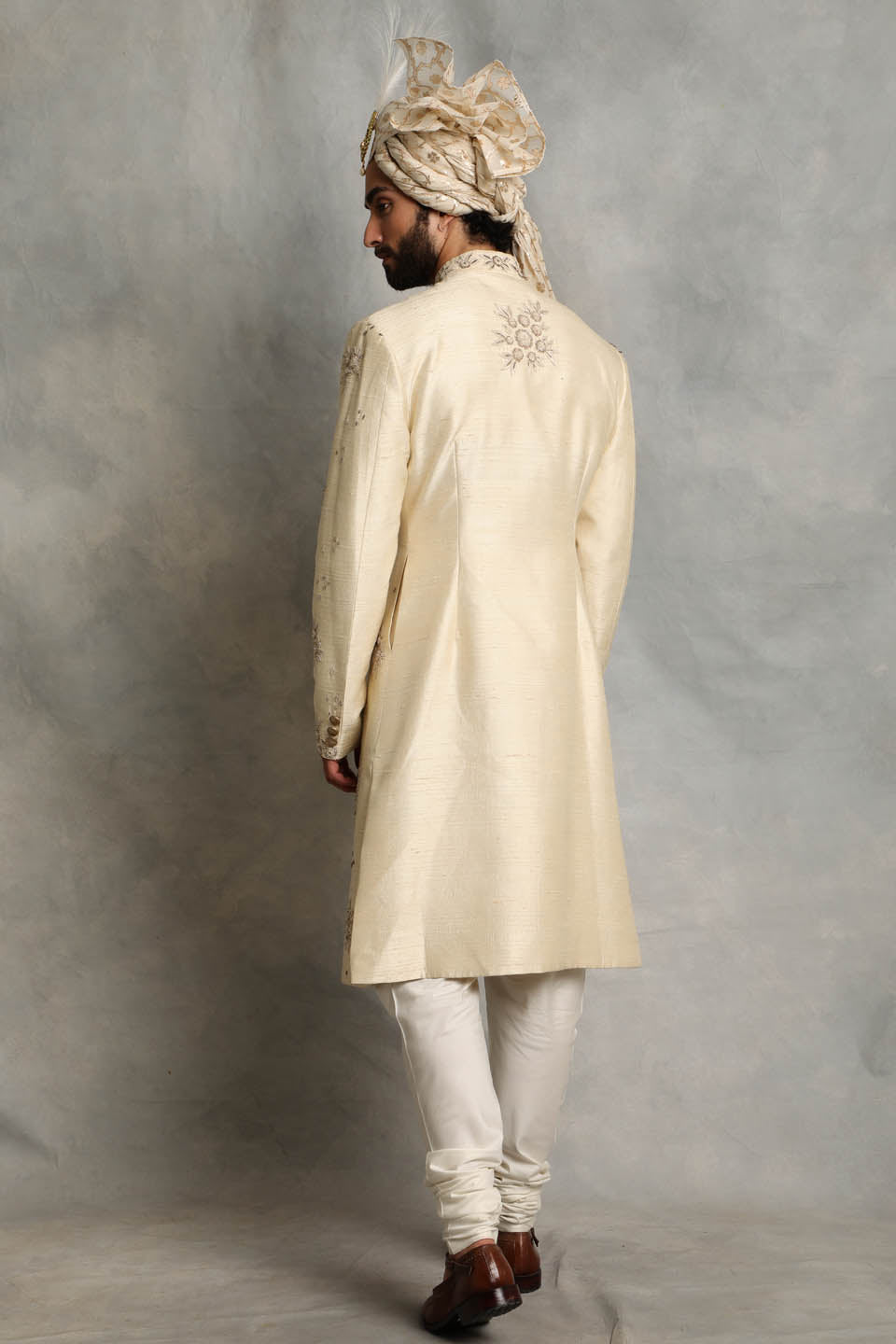 IVORY EMBROIDERED SILK SHERWANI SET 2