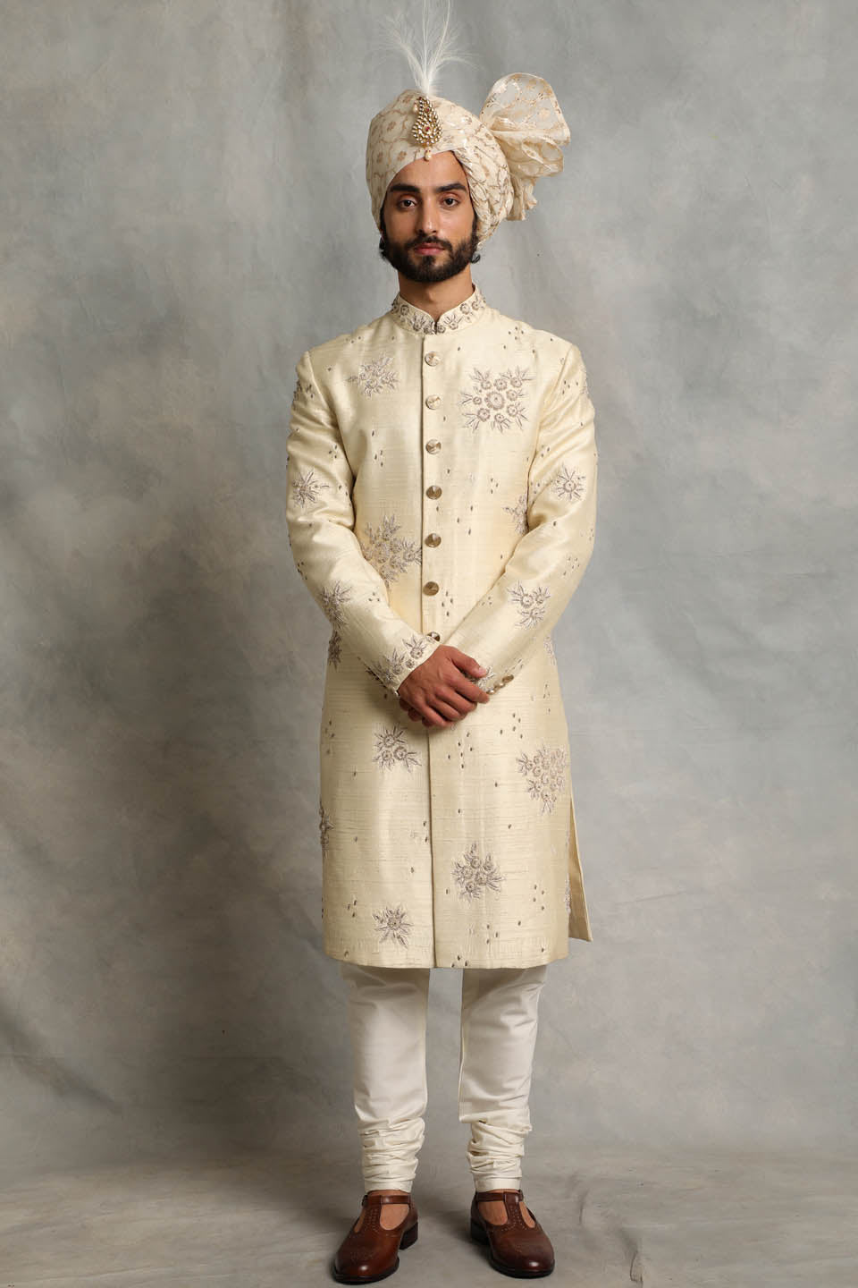 IVORY EMBROIDERED SILK SHERWANI SET 1