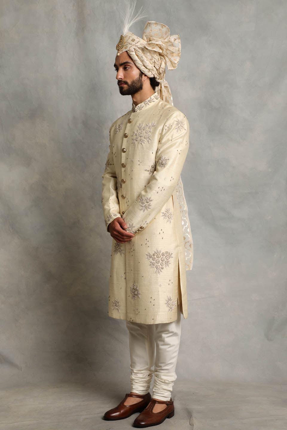 IVORY EMBROIDERED SILK SHERWANI SET 3