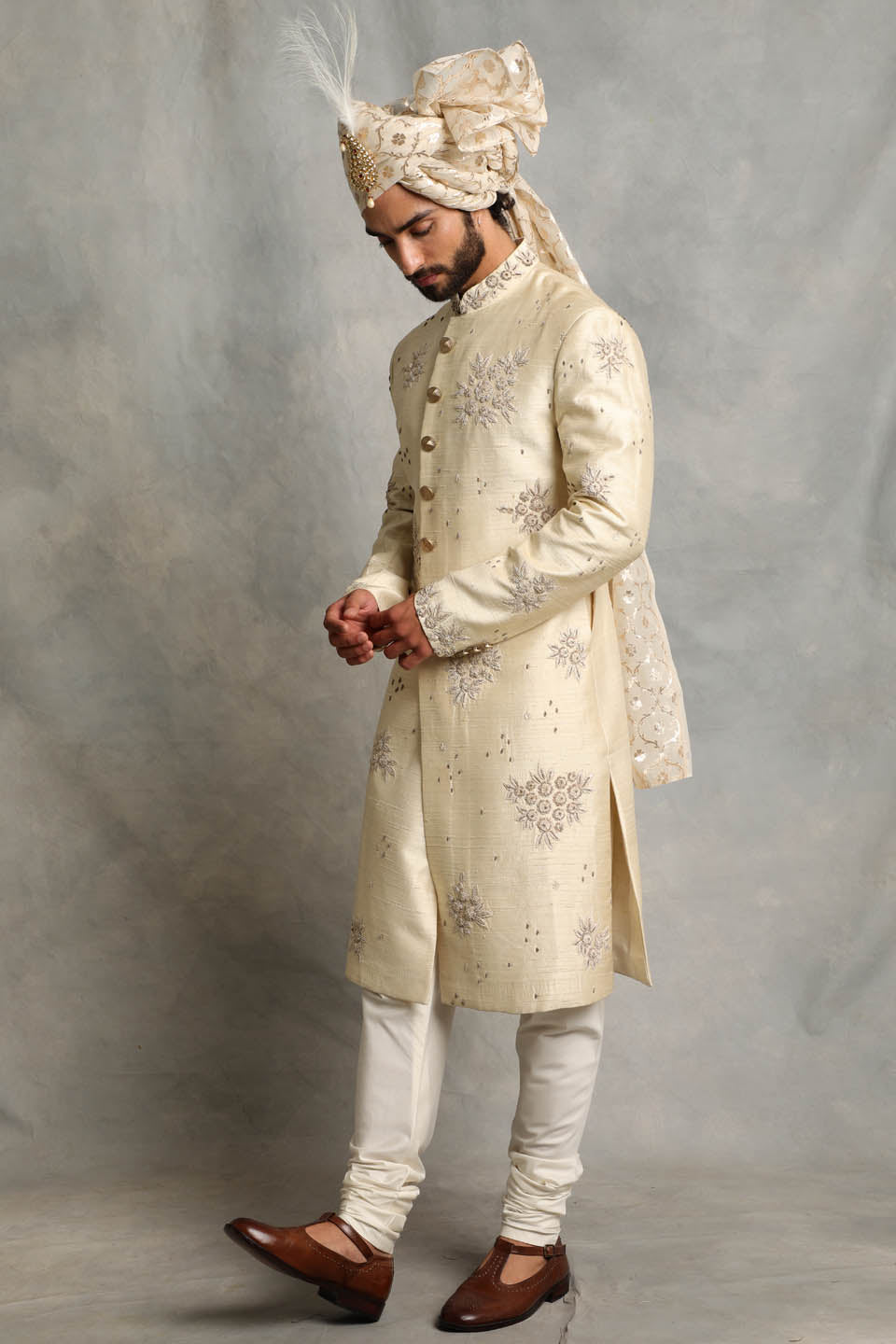 IVORY EMBROIDERED SILK SHERWANI SET 4