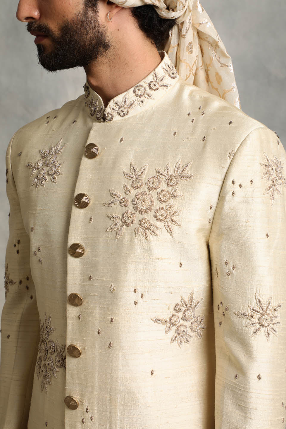 IVORY EMBROIDERED SILK SHERWANI SET 5