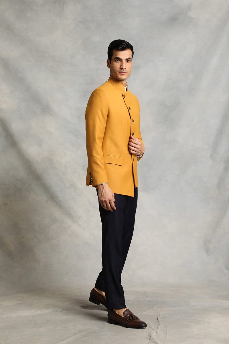 MUSTARD ASYMMETRIC BANDHGALA SET 2