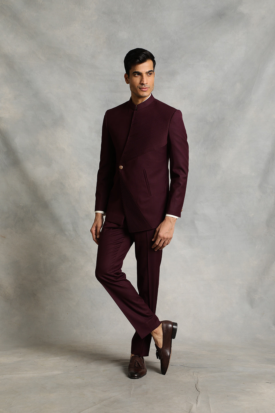 WINE PINTUCKED BANDHGALA SET 1