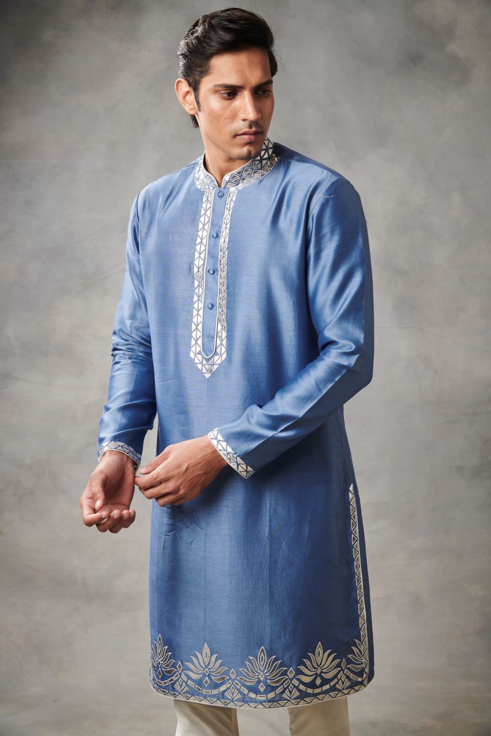 BLUE CHANDERI APPLIQUE KURTA SET 1