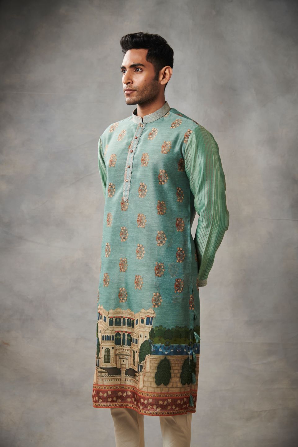 TEAL CHANDERI PRINTED KURTA SET 1