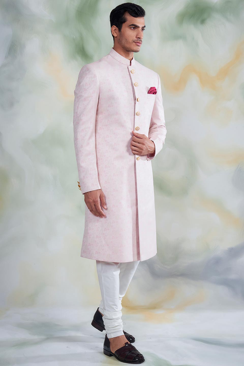 PINK TEXTURED SHERWANI  SET 1