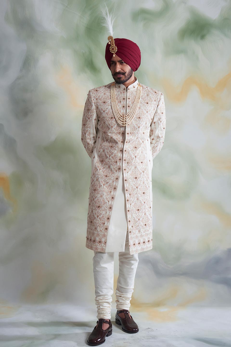 IVORY EMBROIDERED SILK SHERWANI SET 1