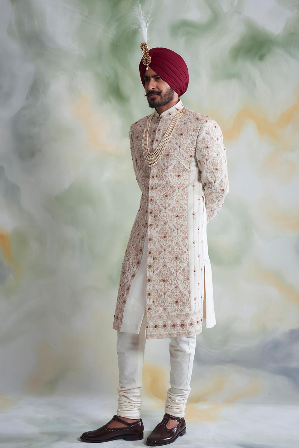 IVORY EMBROIDERED SILK SHERWANI SET 2