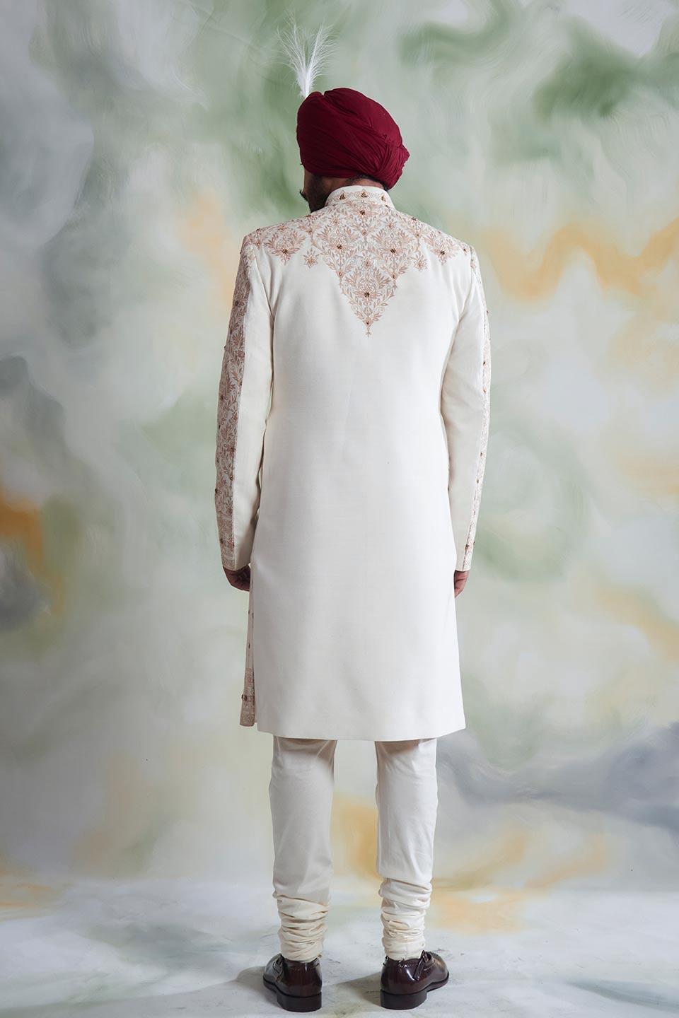 IVORY EMBROIDERED SILK SHERWANI SET 4