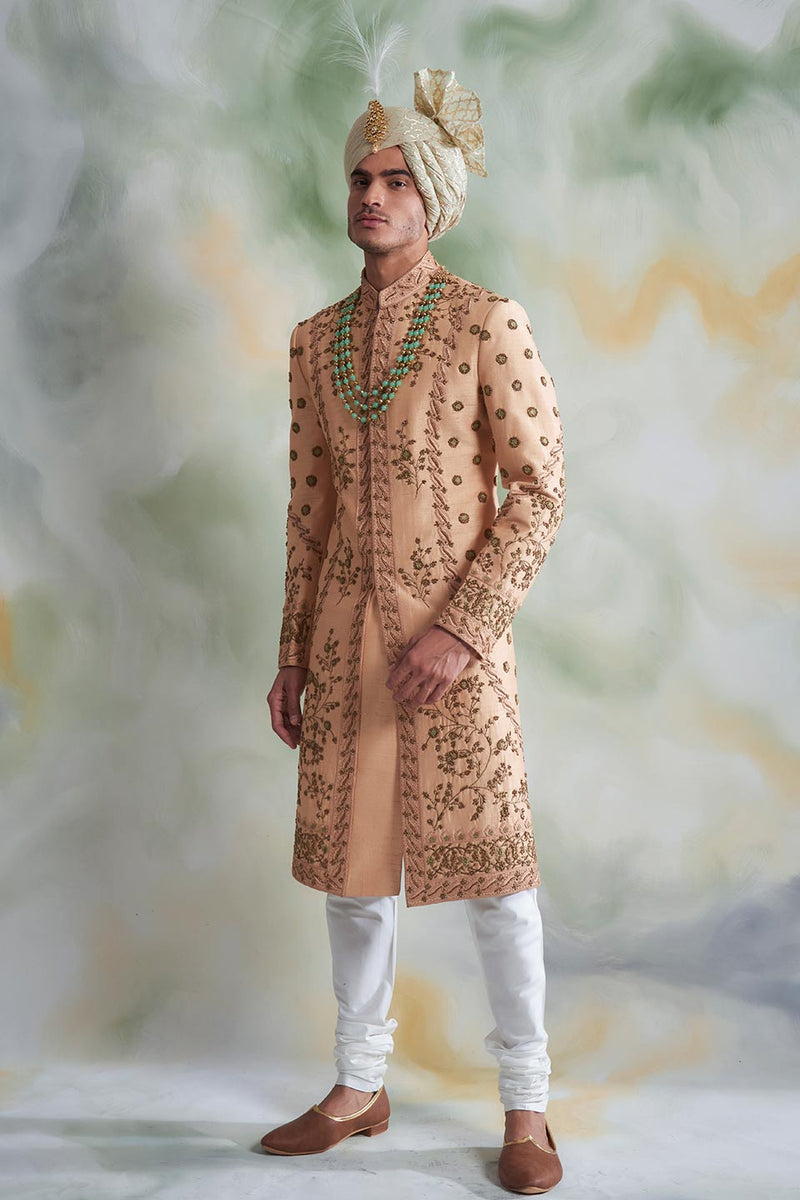 PEACH EMBROIDERED SILK SHERWANI SET 1