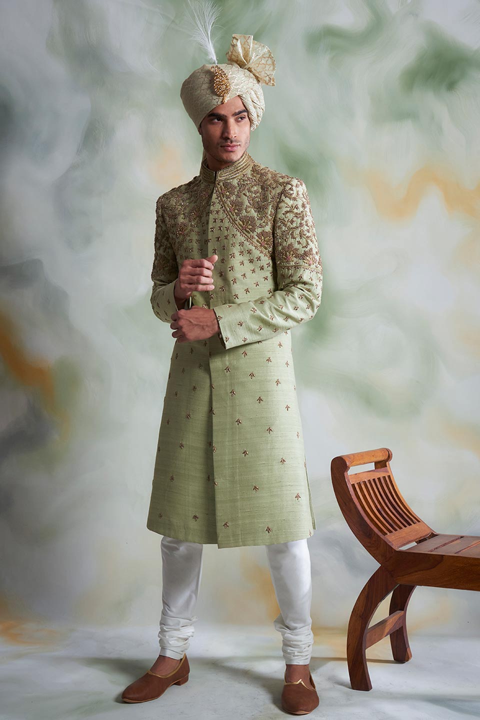 MINT EMBROIDERED SILK SHERWANI SET