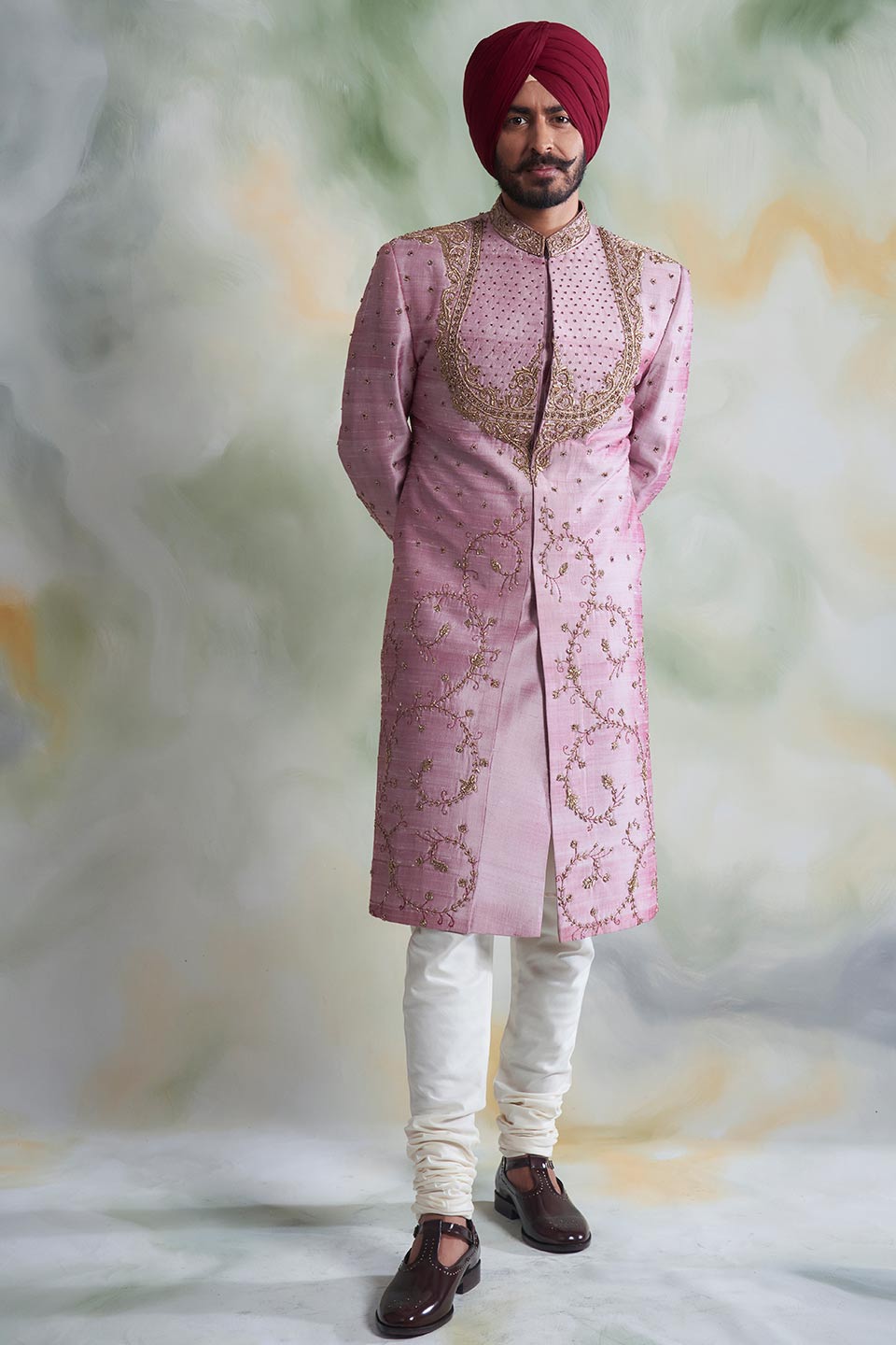 PINK EMBROIDERED SILK SHERWANI SET 1