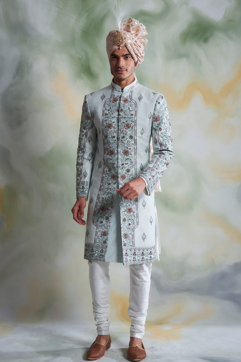 ICE BLUE EMBROIDERED SILK SHERWANI SET 1