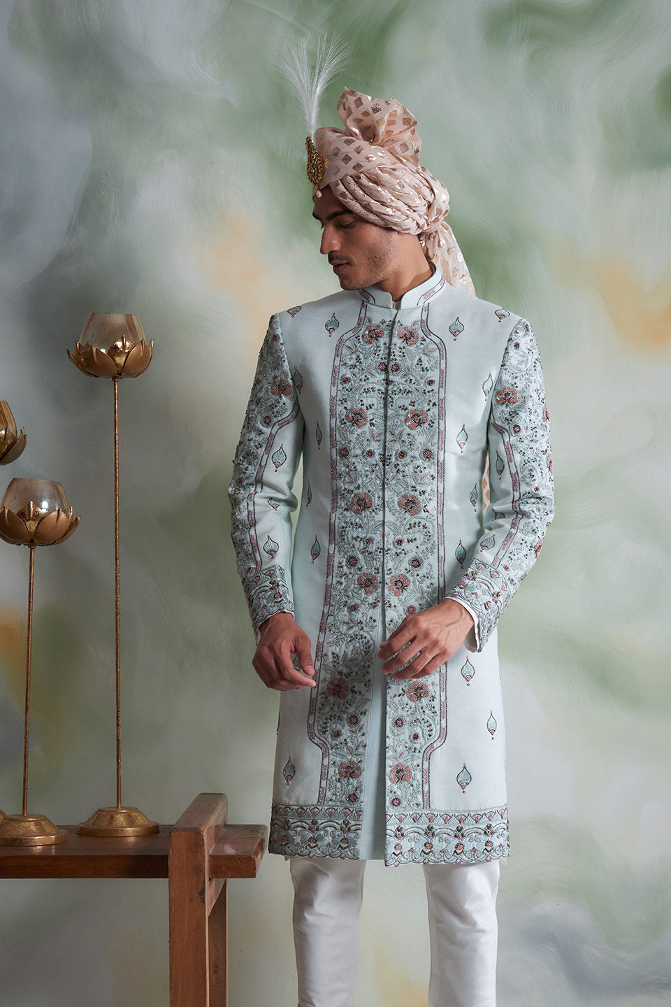 ICE BLUE EMBROIDERED SILK SHERWANI SET 4