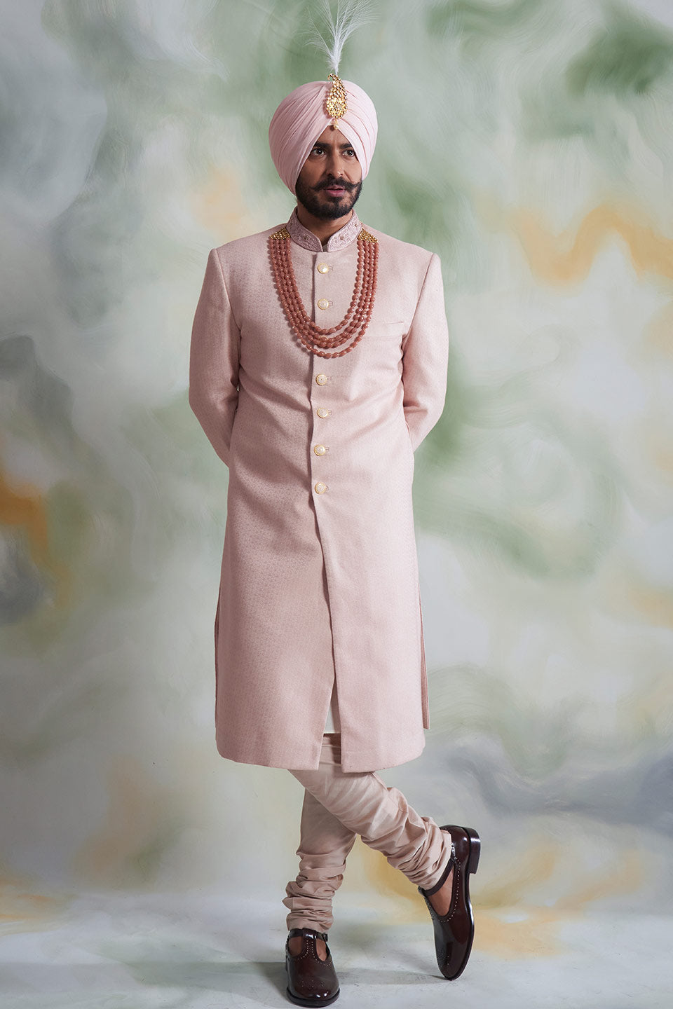 PINK TEXTURED SHERWANI SET 1