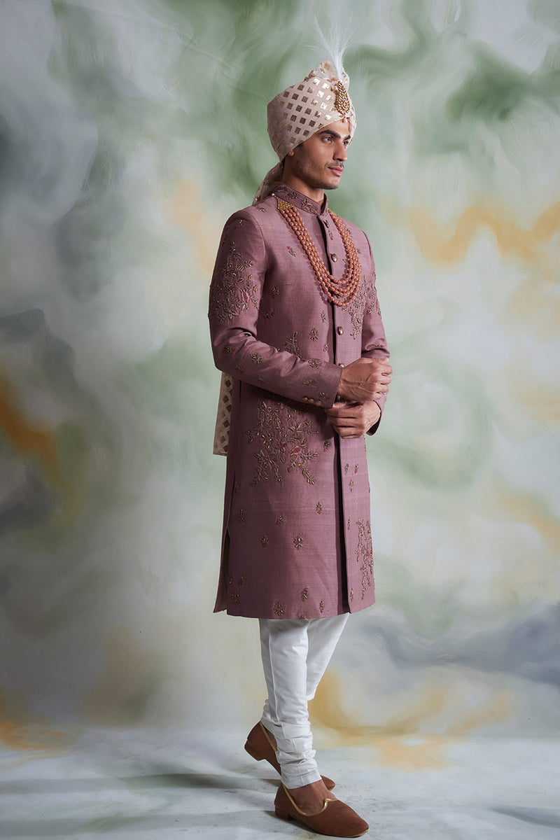 DUSTY PINK EMBROIDERED SILK SHERWANI SET 1