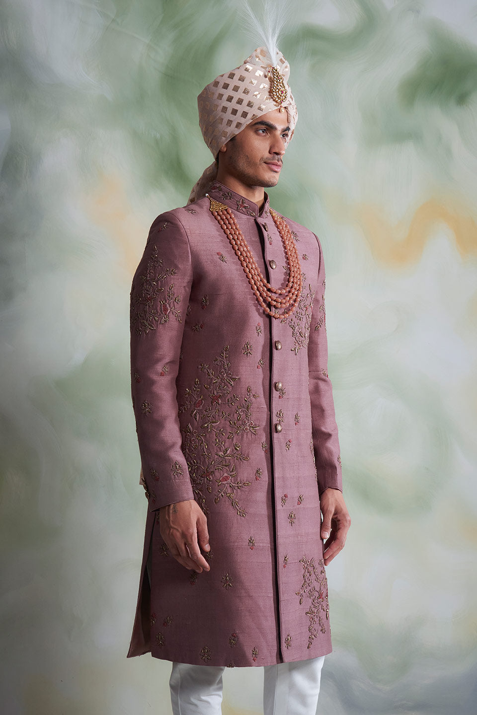 DUSTY PINK EMBROIDERED SILK SHERWANI SET 2