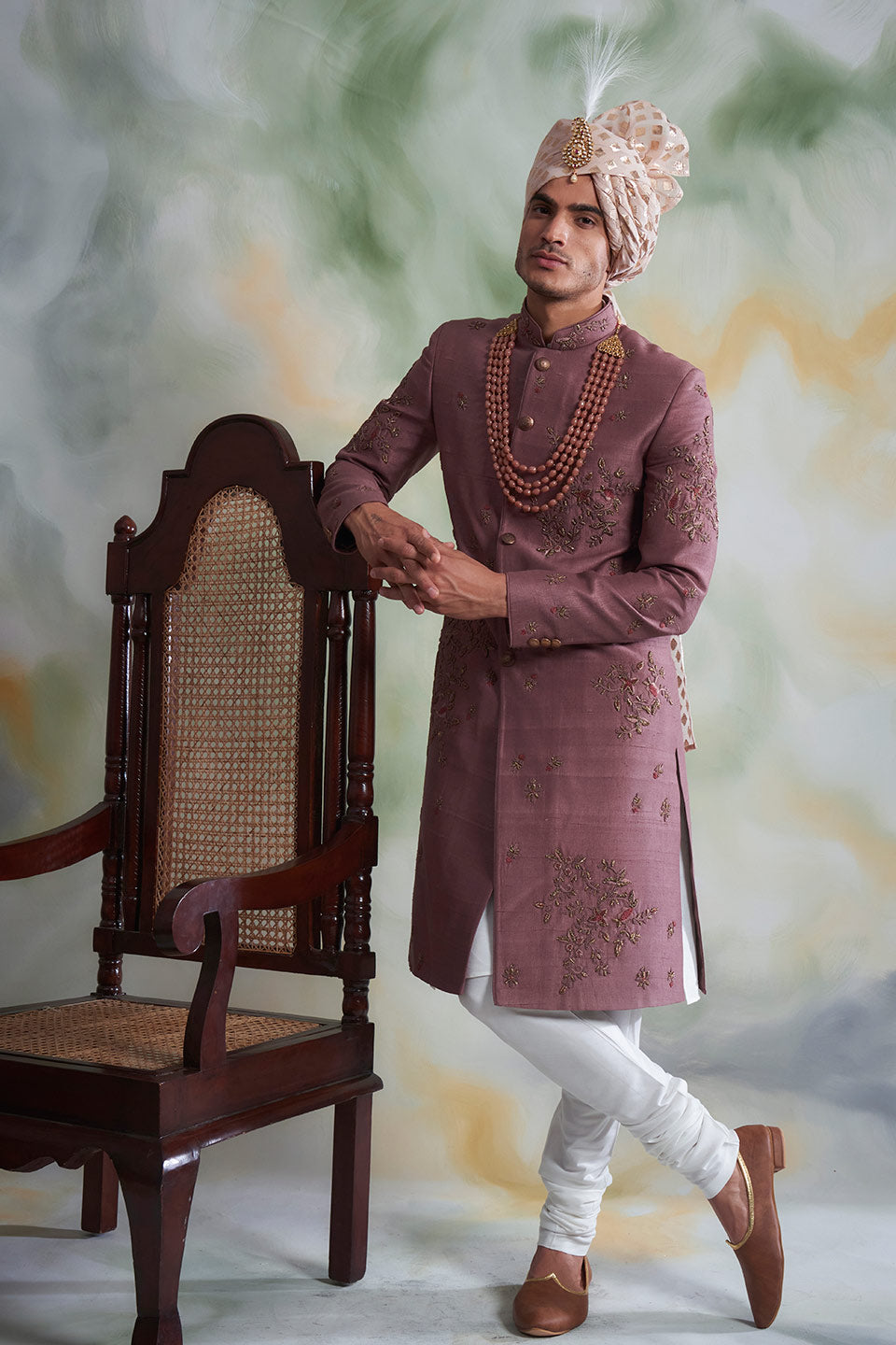 DUSTY PINK EMBROIDERED SILK SHERWANI SET 3