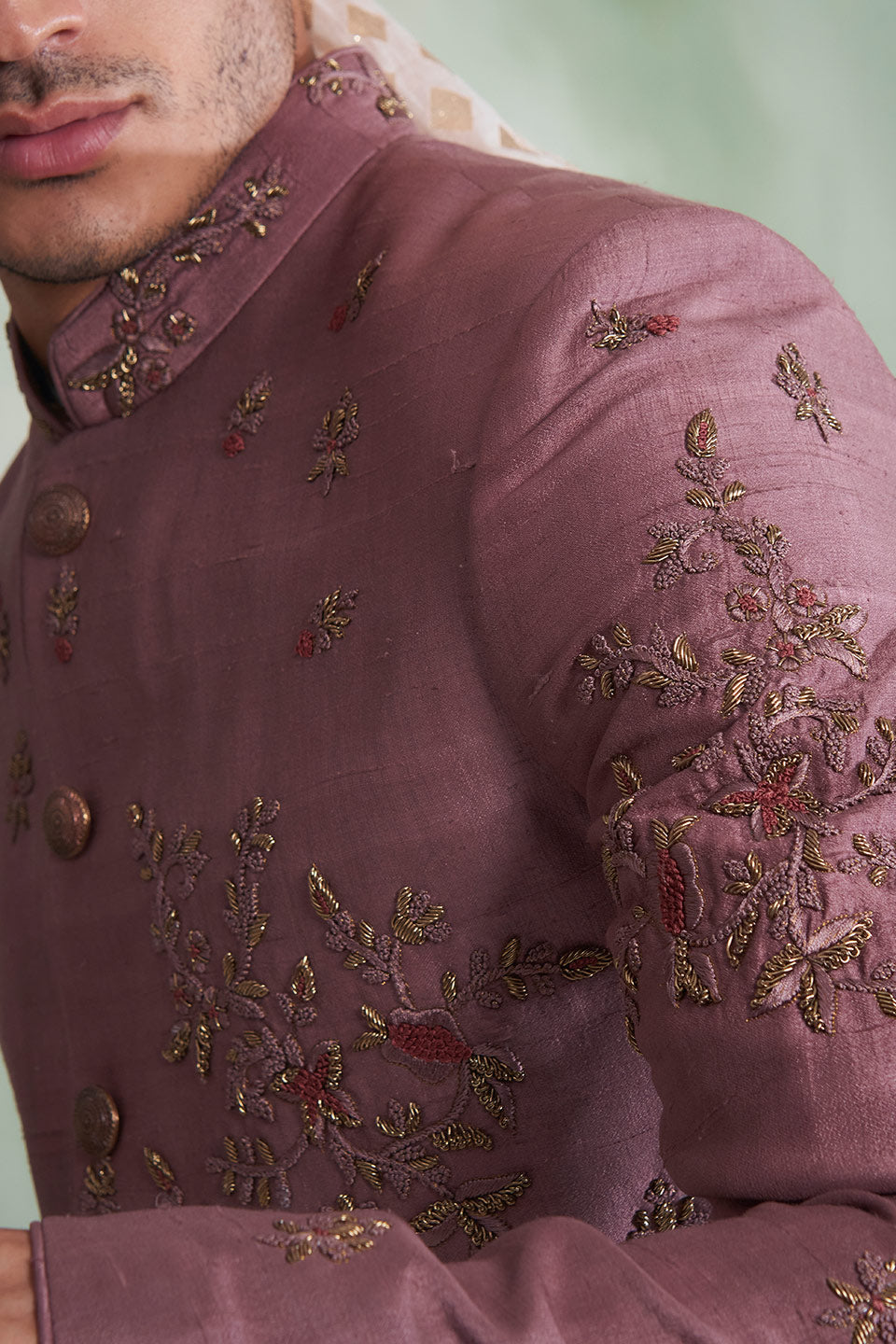 DUSTY PINK EMBROIDERED SILK SHERWANI SET 4