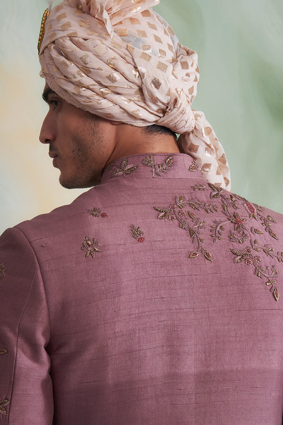 DUSTY PINK EMBROIDERED SILK SHERWANI SET 5