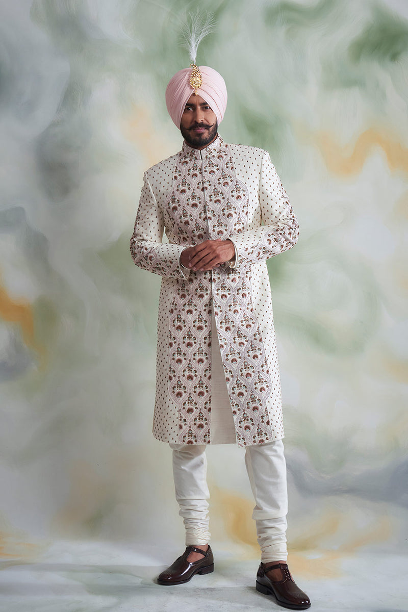 IVORY EMBROIDERED SILK SHERWANI SET 1