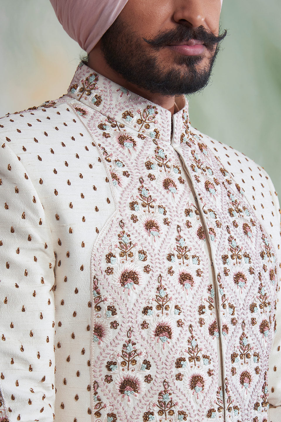 IVORY EMBROIDERED SILK SHERWANI SET 2