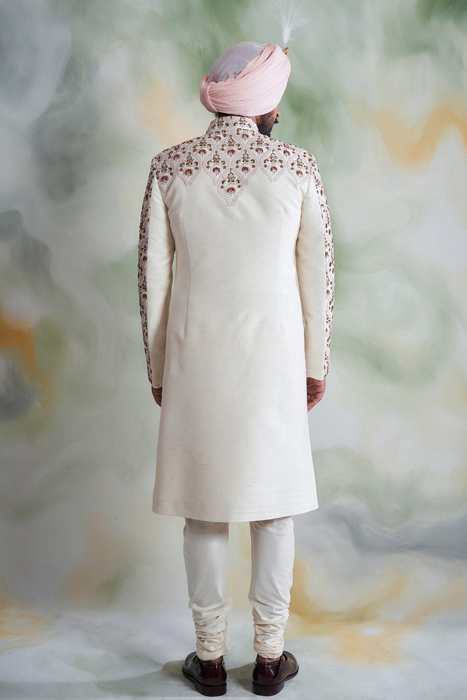 IVORY EMBROIDERED SILK SHERWANI SET 4