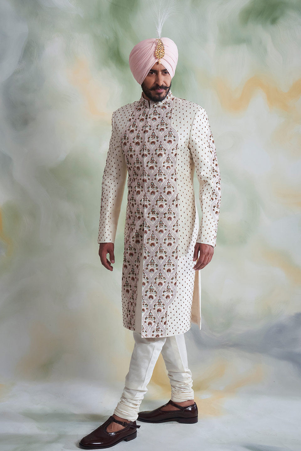 IVORY EMBROIDERED SILK SHERWANI SET 5