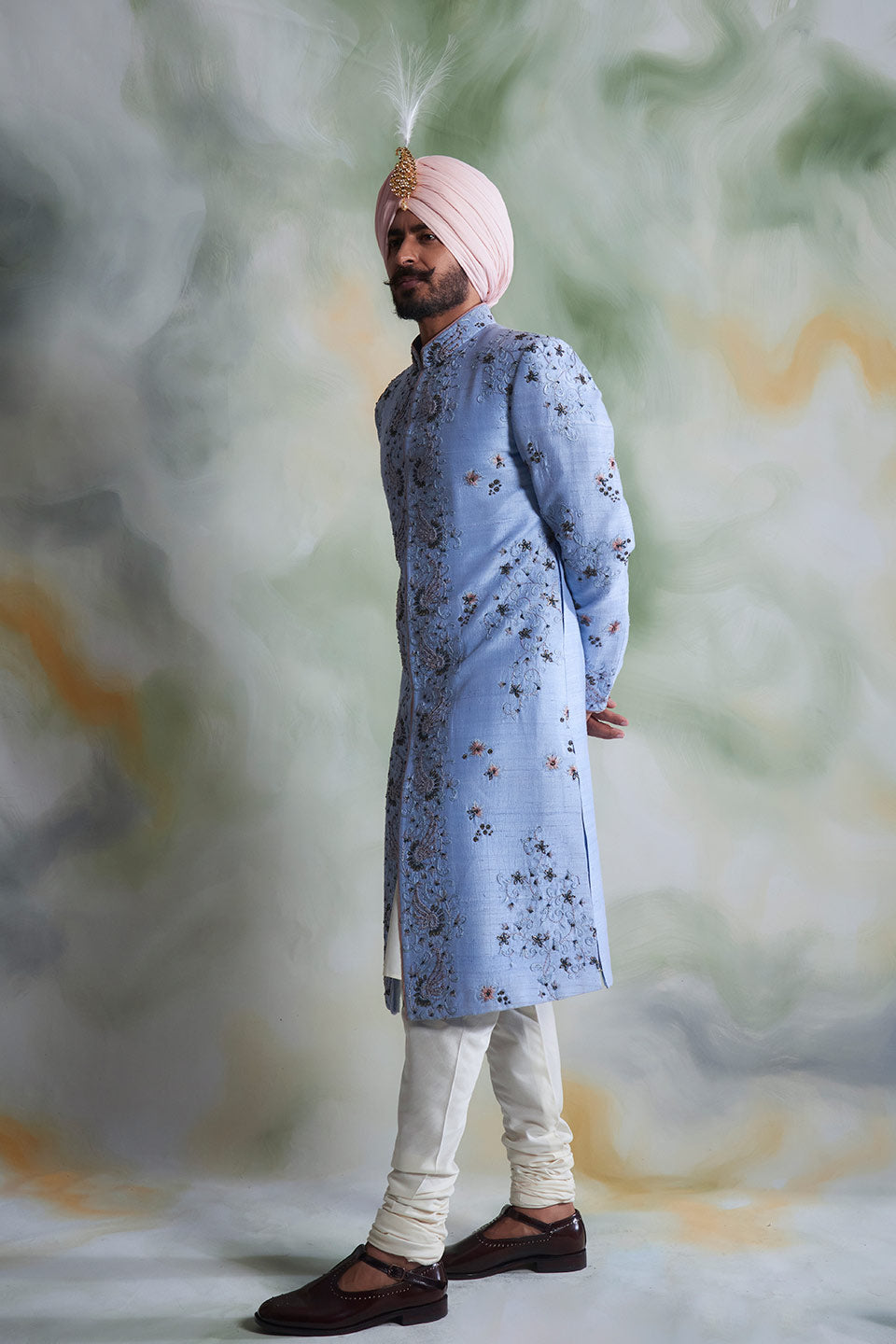 SKY BLUE EMBROIDERED SILK  SHERWANI SET 2