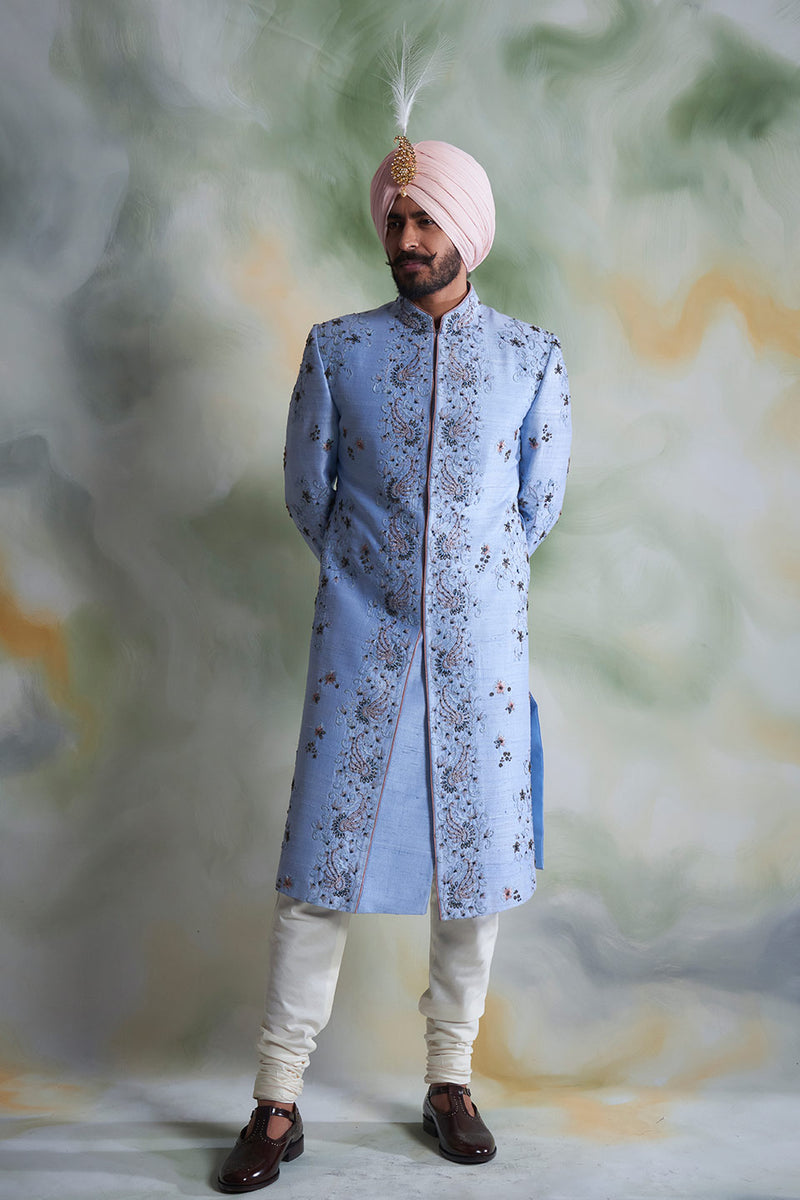 SKY BLUE EMBROIDERED SILK  SHERWANI SET 1