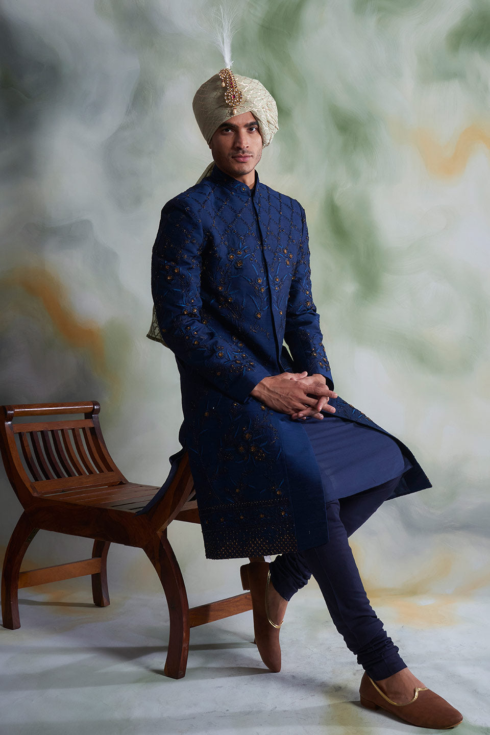 NAVY BLUE EMBROIDERED SILK  SHERWANI SET 2