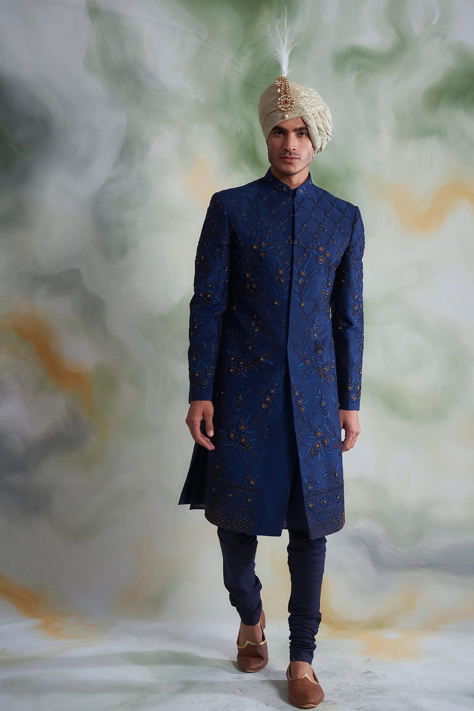 NAVY BLUE EMBROIDERED SILK  SHERWANI SET 1