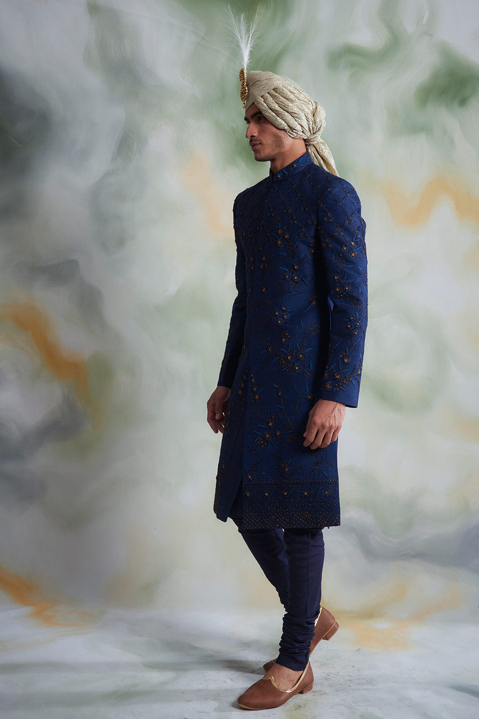 NAVY BLUE EMBROIDERED SILK  SHERWANI SET 4