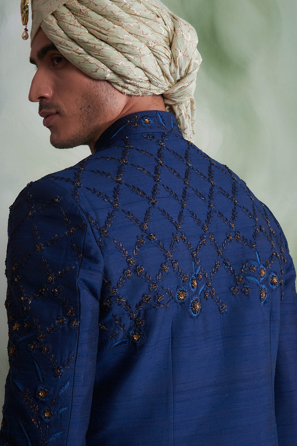 NAVY BLUE EMBROIDERED SILK  SHERWANI SET 5