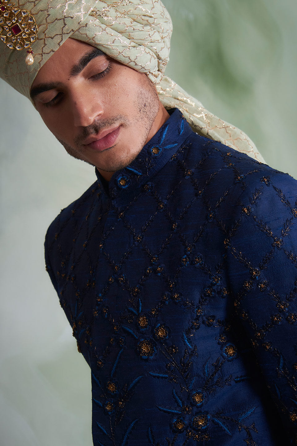 NAVY BLUE EMBROIDERED SILK  SHERWANI SET 3