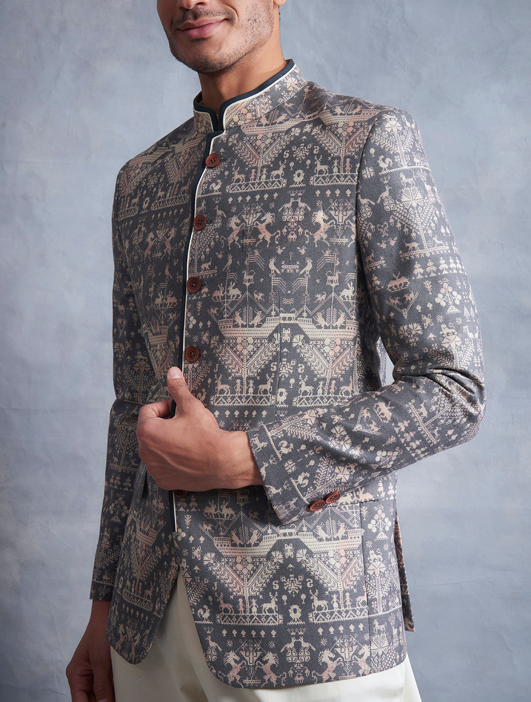 GREY PRINTED BANDHGALA SET 3