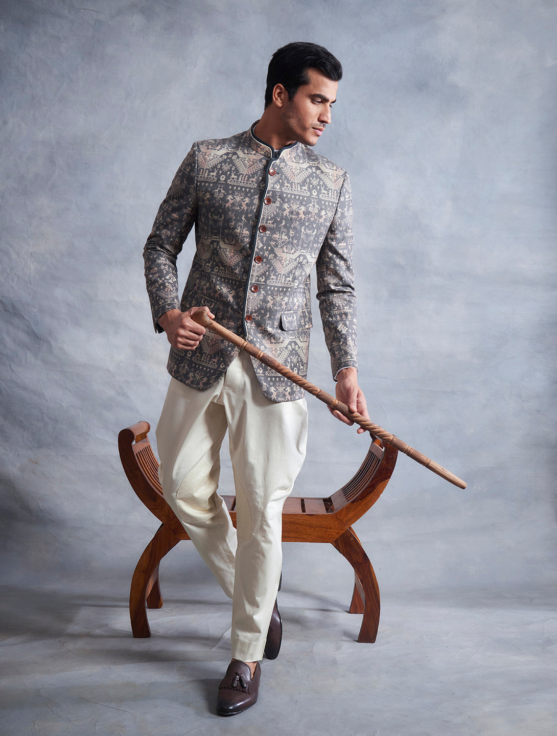 GREY PRINTED BANDHGALA SET 5