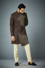 BROWN EMBROIDERED ASYMETRIC INDO SET