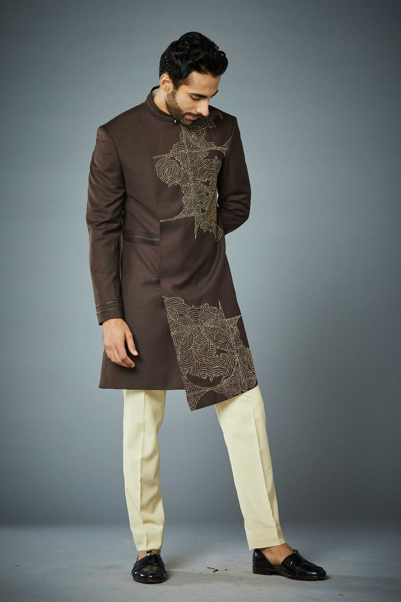 BROWN EMBROIDERED ASYMETRIC INDO SET