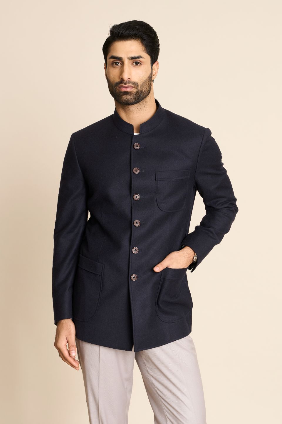 NAVY FLANNEL BANDHGALA JACKET Gargee