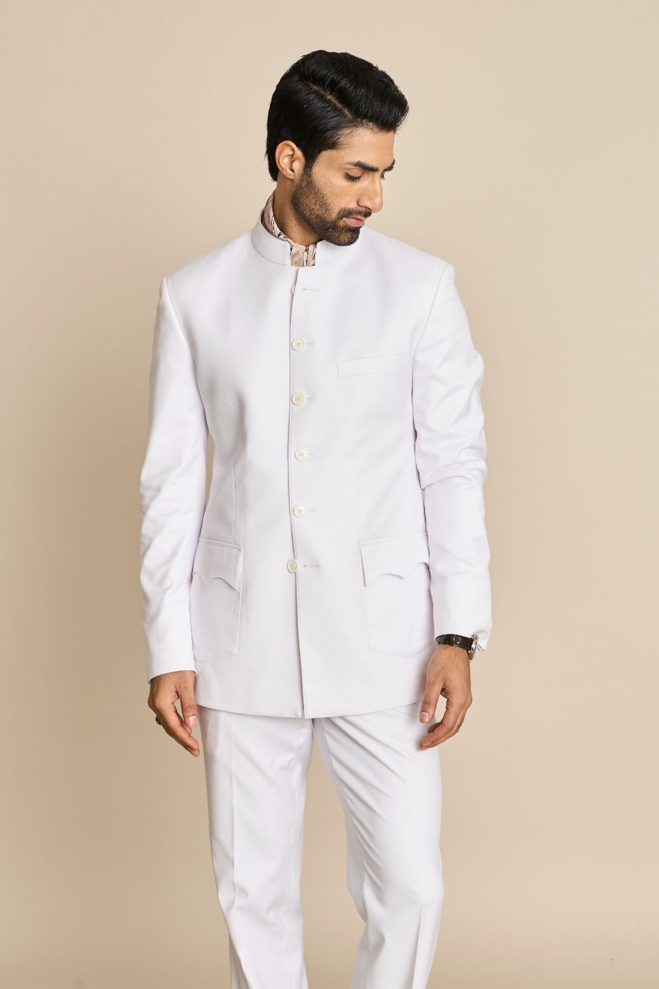 WHITE TAILORED BANDHGALA JACKET SET