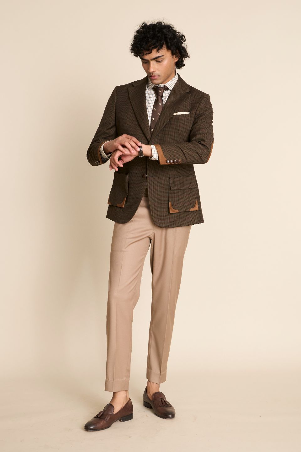 Gargee Designers Brown 100% Wool Tweed Checks Checkered Pattern Blazer For Men