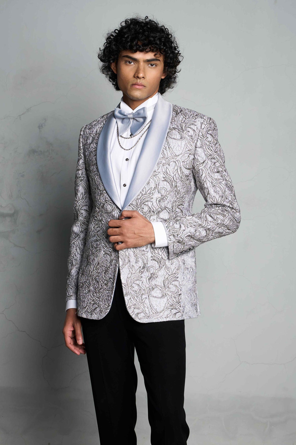 GREY EMBOSS BEADED TUXEDO SET